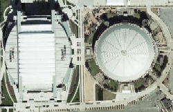 Houston Astrodome on the right, next to Reliant Stadium
